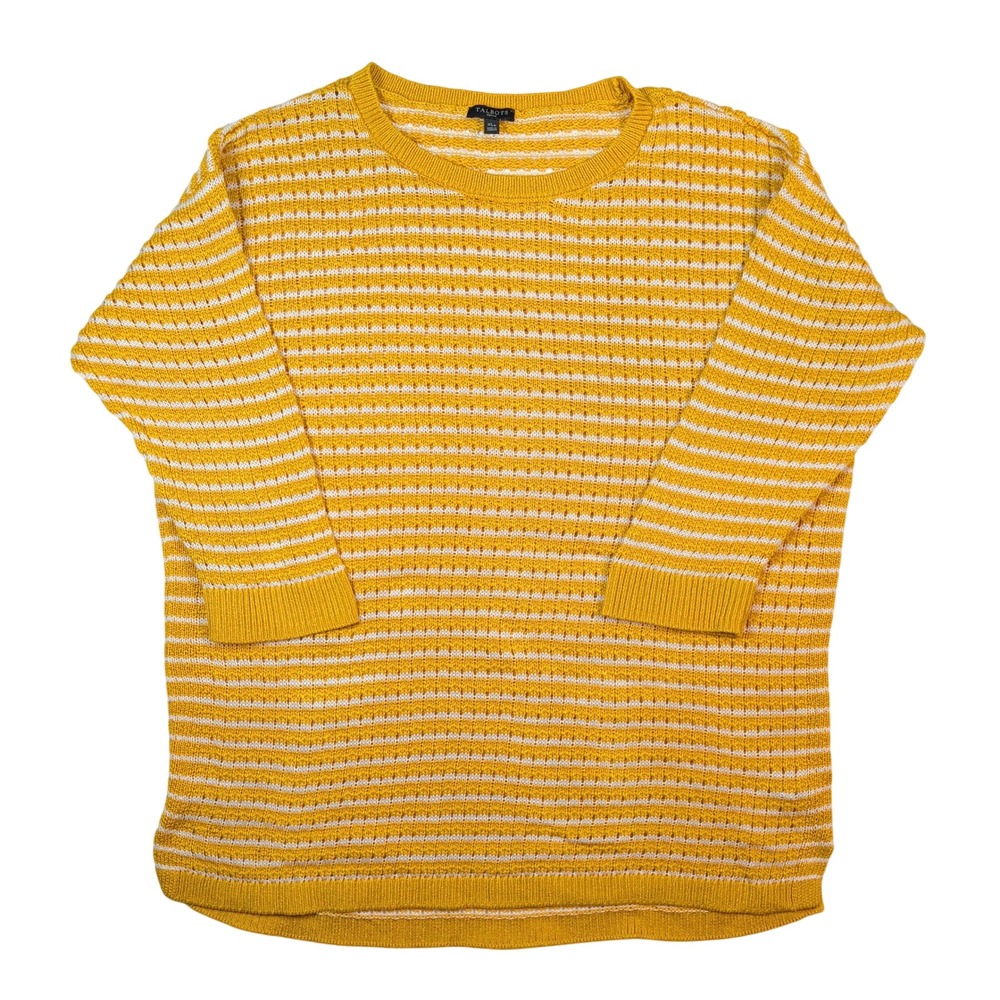Talbots Sweater Women XL Petite Yellow White Striped Pointelle 3/4 Sleeve Cotton